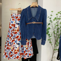 Denim Dress Dress Suit Woman Little Guy 2022 Spring New Collection Waist Blouse Crushed half body dress Two sets