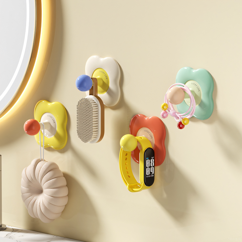 Dopamine Flower Hooks, No-Drill Entryway Key Holder, Adhesive Hooks for Towels, Strong Load-Bearing Coat Hooks