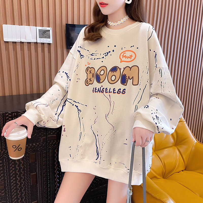 Foreign Conception Maternity Dress New Korean Version Spring Autumn Full Print Round Collar Long Sleeves Thick Cotton T Female Medium Long Version Loose Pregnant Woman Upper Dress Dress