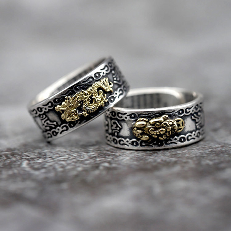 Yuan Zheng Six Words and Heart Ring Hairy Crafts 99 pure silver adjustable