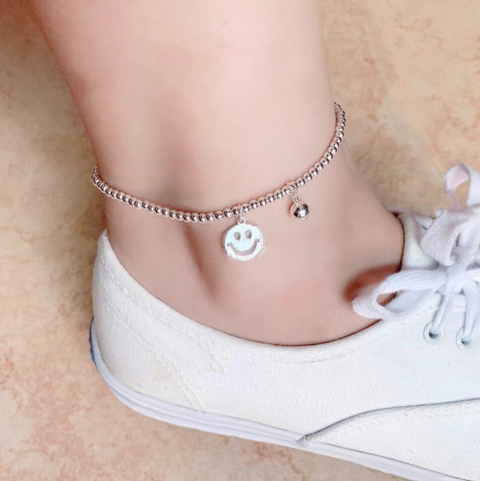 Transfer Pearl S925 pure silver smiling face bracelet silver bead brief 100 hitch Smile Ankle Chain Lady Foot Chain Fashion Bell
