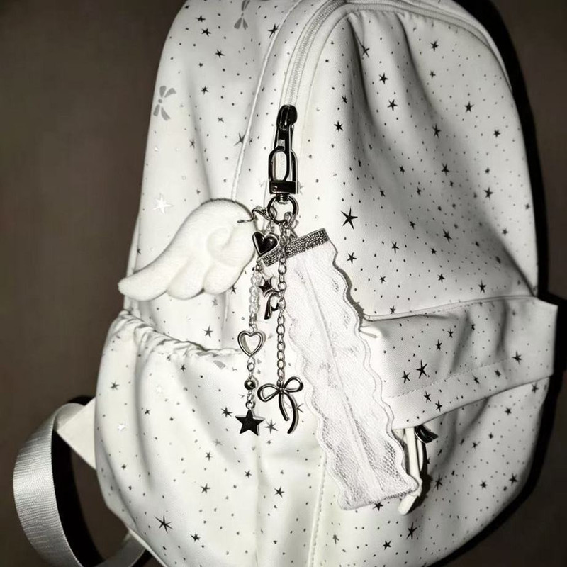 Y2K Sweet Cool Angel Wings Bag Charm White Long Lace Keychain Heart-Shaped Unique Personality Backpack Decoration Y2K Sweet Cool Angel Wings Bag Charm White Long Lace Keychain Heart-Shaped Unique Personality Backpack Decoration