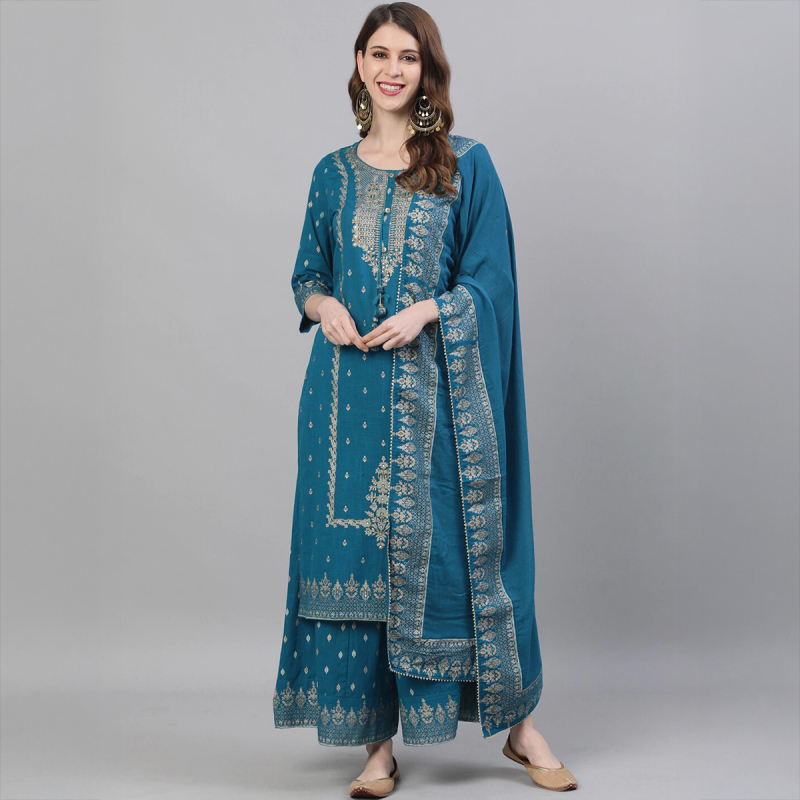 Indian Clothing Imported Women's Ethnic Style Daily Wear Spring and Summer New Elegant Suit 3-Piece Pure Cotton Printed Navy Blue