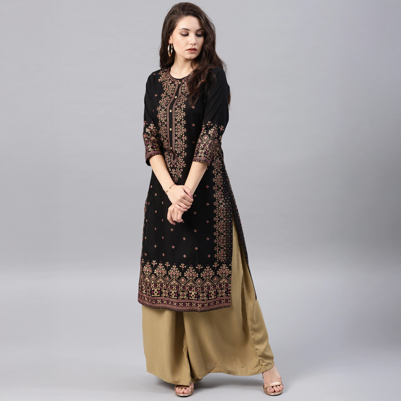 Indian Clothing for Women, Pure Cotton Gold-Printed Top, Ethnic Style, Mid-Length, Thin, Three-Quarter Sleeves, Multi-Color