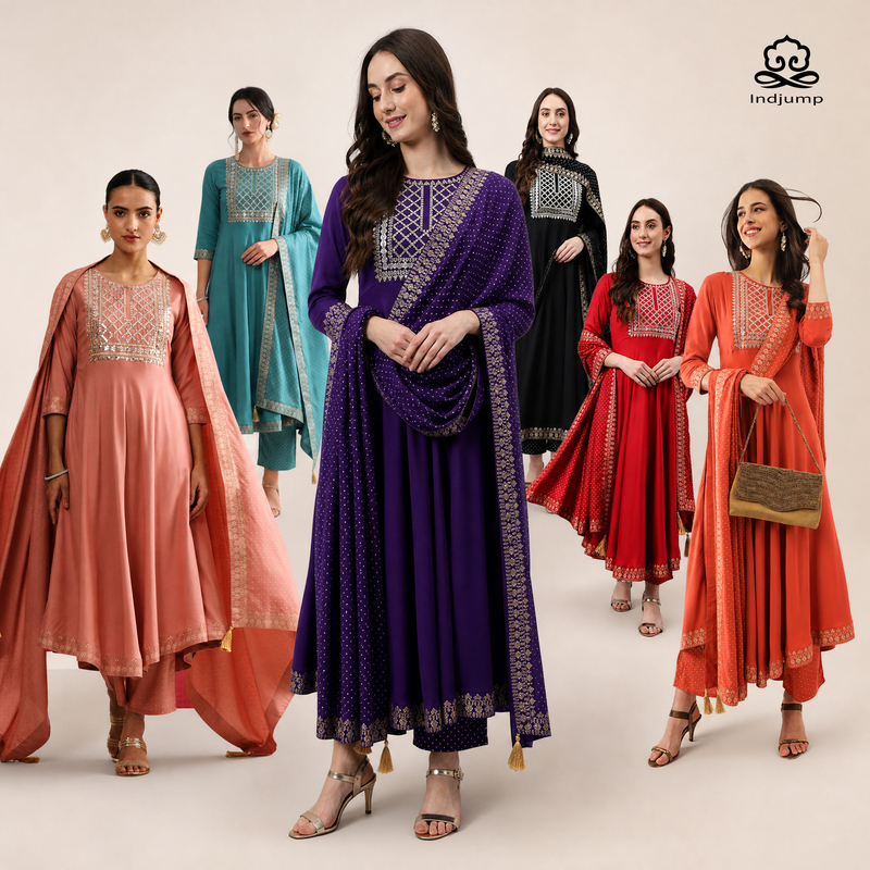 Indian Traditional Clothing, Exotic Style, Spring and Summer High-End Round-Neck Embroidered Cotton Silk New Three-Piece Set for Adults with Three-Quarter Sleeves