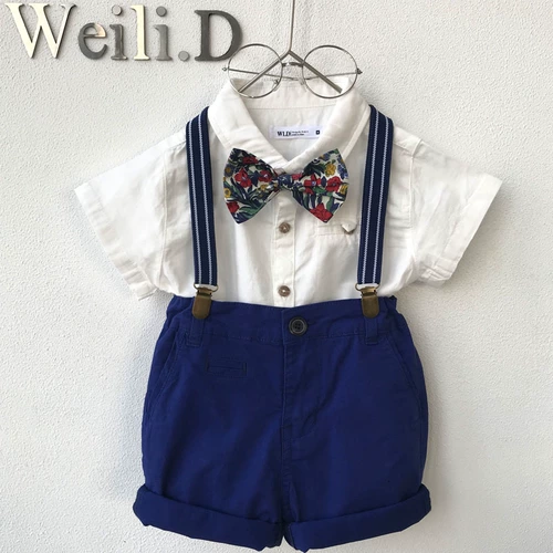 Летнее платье для мальчиков, детский комплект, рубашка, подтяжки, шорты, в британском стиле