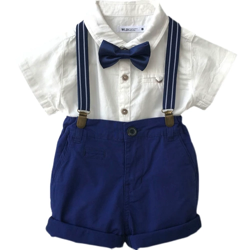 Летнее платье для мальчиков, детский комплект, рубашка, подтяжки, шорты, в британском стиле