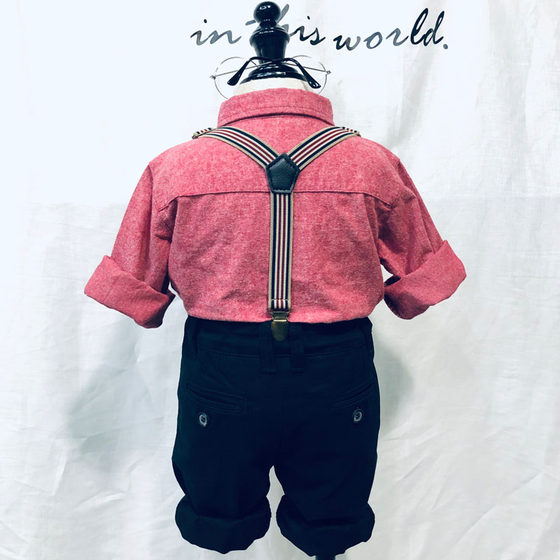 Spring foreign style male baby red one-year-old dress suit long-sleeved shirt black strap trousers performance costume handsome