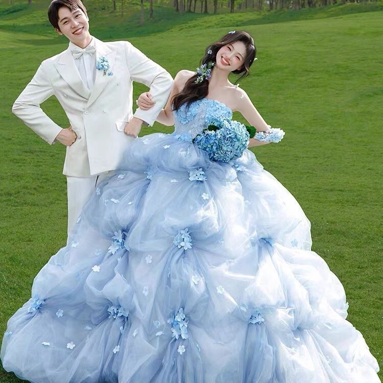 Photo Studio Theme Clothing Couple Photo Shoot Photography Dress Outdoor Travel Photography Blue Dreamy Flower Goddess Wedding Dress