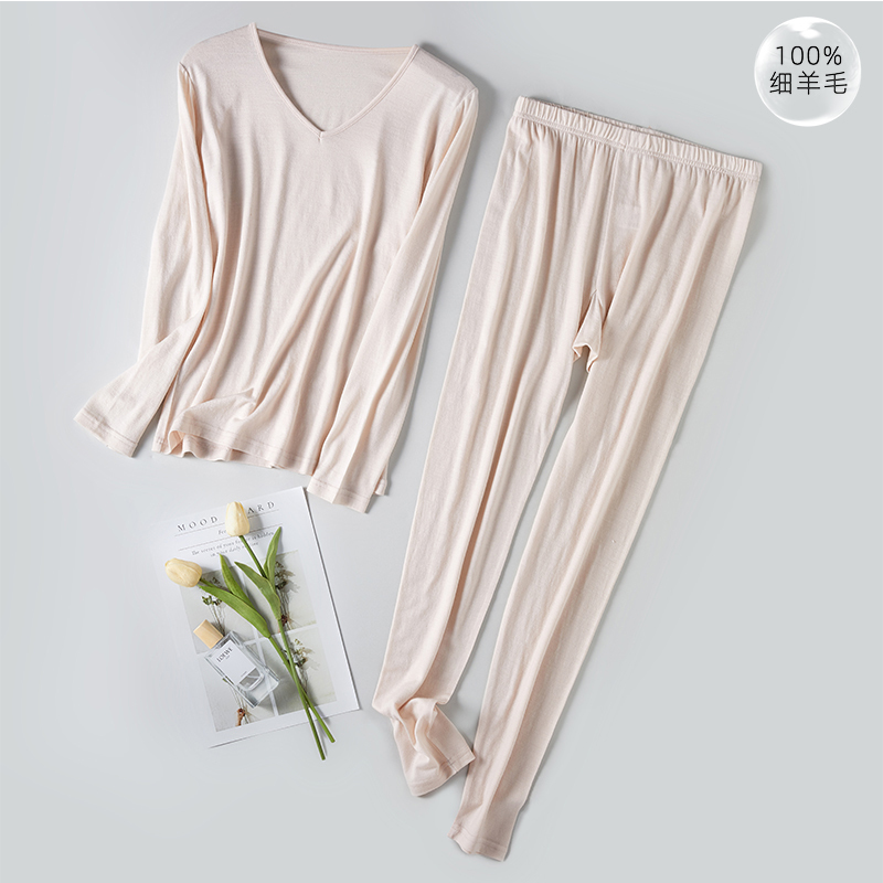 100% Superfine Wool Women's Base Layer Underwear Set, Classic Solid Color V-Neck, Soft and Comfortable, Warm Autumn Clothes and Pants