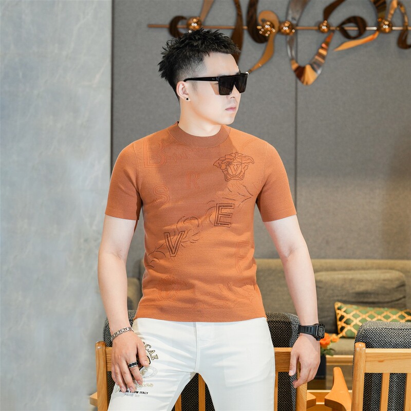 2025 Autumn New Cashmere Blend High-End Hermes Orange Round Neck Rhinestone Jacquard Knit Sweater for Men Gl3809