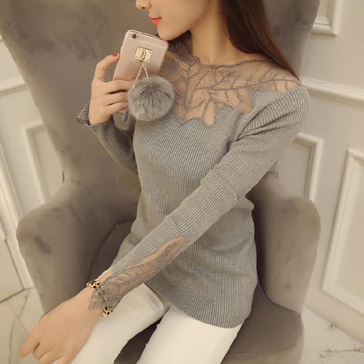 Cộng với phân bón XL mùa thu áo dài tay áo dài co giãn thời trang hoang dã đan áo len đáy áo len nữ tay lỡ