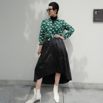 Heartbeat imported leather wrinkled sheepskin swallowtail skirt womens black high waist leather skirt long winter