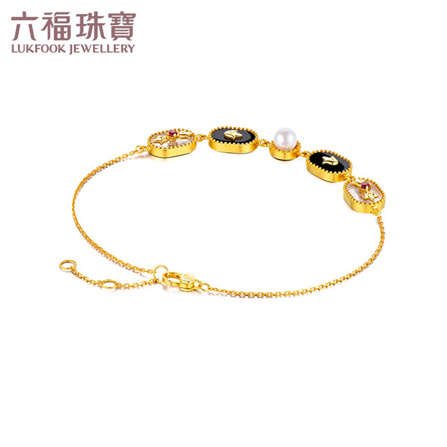 六福珠宝18k金黑玉髓手链几何红宝石珍珠手链女定价cMDSKB0014Y【联系客服补货】