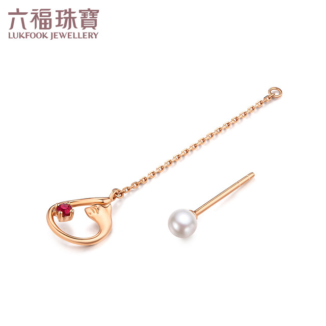 六福珠宝猫主子红宝石淡水珍珠18K金耳钉单只定价cMDSKE0012R【联系客服补货】