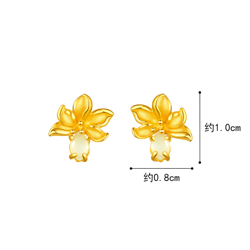 六福珠宝黄金耳环送妈妈款和田玉兰花足金耳钉耳饰女计价GDGTBE0048