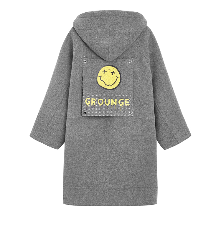 Áo khoác lecho Smiley patch 2019 mùa đông mới dài trùm đầu thời trang áo khoác len mùa đông - Accentuated eo áo áo măng tô nữ kẻ caro