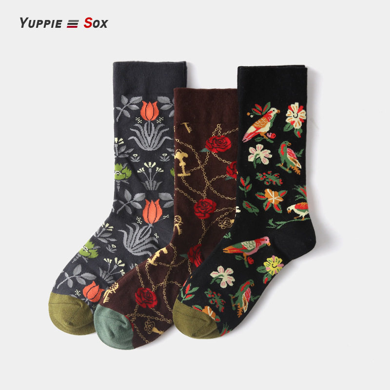 French oil painting socks women's casual trendy socks ins Internet celebrity personality casual jacquard skateboard street Hyuna flower socks - Taobao