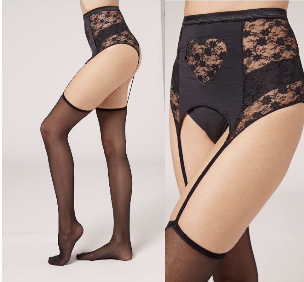 колготки / чулки дна calzedonia24情人节限定系列 新款女士黑色吊袜 爱心扣透肉蕾丝