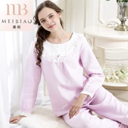 Bộ đồ ngủ cotton dài tay tiêu chuẩn Mỹ hai mảnh phù hợp với quý cô mùa thu đông mới ngọt ngào có thể mặc bên ngoài dịch vụ cotton tại nhà