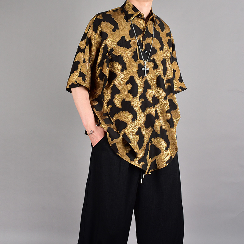 Summer Dark Style High-End Five-Quarter Sleeve Shirt for Men, Trendy Japanese Brand, Gold Jacquard, Cool and Loose Casual Shirt Summer Dark Style High-End Five-Quarter Sleeve Shirt for Men, Trendy Japanese Brand, Gold Jacquard, Cool and Loose Casual Shirt