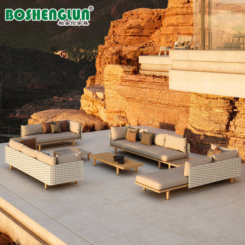 Nordic outdoor teak furniture living room courtyard garden rattan sofa balcony open-air solid wood leisure coffee table combination