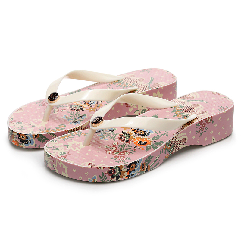 Quality Printed Wedge Flip-Flops for Women, Summer Outdoor Wear, Thick-Soled Rubber, Non-Slip, Casual Mid-Heel Thong Sandals for Beach