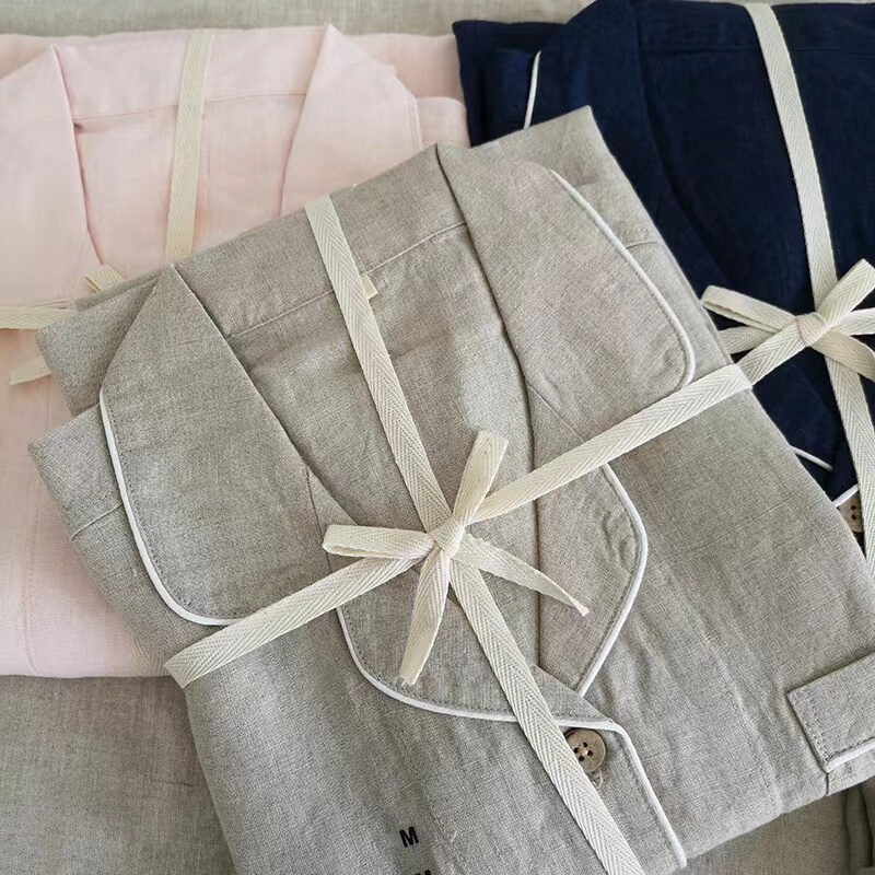 Unprinted Pure Linen French Linen Sweat-Absorbent Breathable Japanese-Style Loose-Fitting Home Wear Long-Sleeved Long Pants Unisex Couple Pajamas