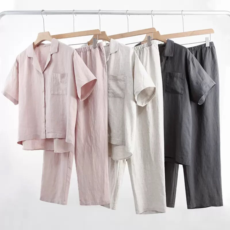Muji-Style Pure Hemp Thin Japanese-Style Couple's Short-Sleeved Long Pants Loungewear Loose Breathable Unisex Pajamas Spring and Summer Style