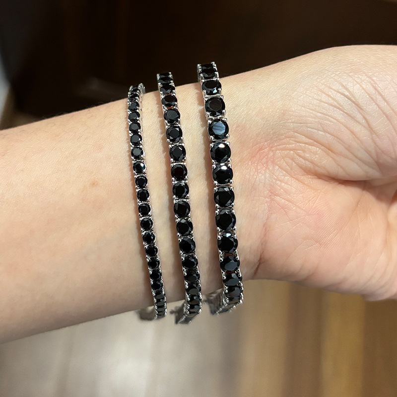 Black Zircon Bracelet Single Row 925 Silver Full Diamond Tennis Chain Hip-Hop Trendy Simple Elegant Versatile Jewelry