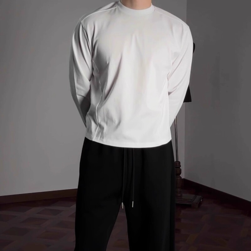 Shoulder Line Moved Forward, Straight Shoulder, Slim Fit, Small Neckline, Solid Color, Basic Pure Cotton Base Shirt, Boxy Short Long-Sleeve T-Shirt