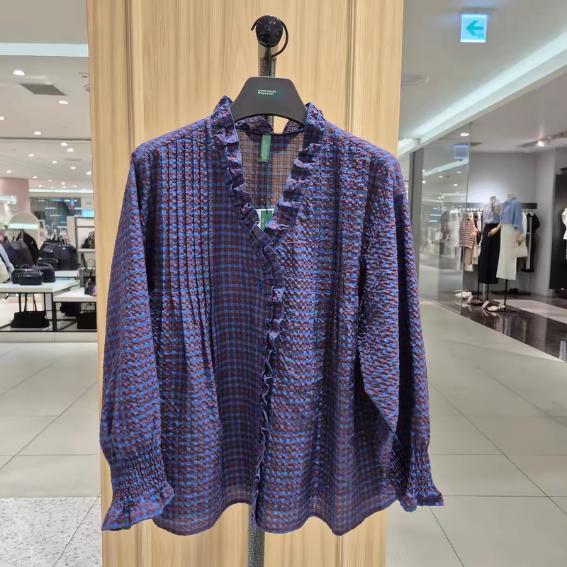 Exclusive Self-Retained Han Shunpin Yuan Ben Nai Tong Ruffled V-Neck Loose Comfortable Retro Plaid Shirt Exclusive Self-Retained Han Shunpin Yuan Ben Nai Tong Ruffled V-Neck Loose Comfortable Retro Plaid Shirt