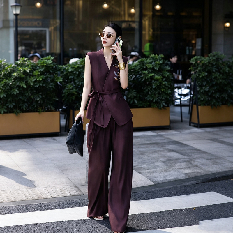 New Chinese-Style Silk Wool Hand-Embroidered Beaded Vest Slimming Suit for Women, Waist-Cinching Sleeveless Wide-Leg Pants, Two-Piece Commuter Set New Chinese-Style Silk Wool Hand-Embroidered Beaded Vest Slimming Suit for Women, Waist-Cinching Sleeveless Wide-Leg Pants, Two-Piece Commuter Set