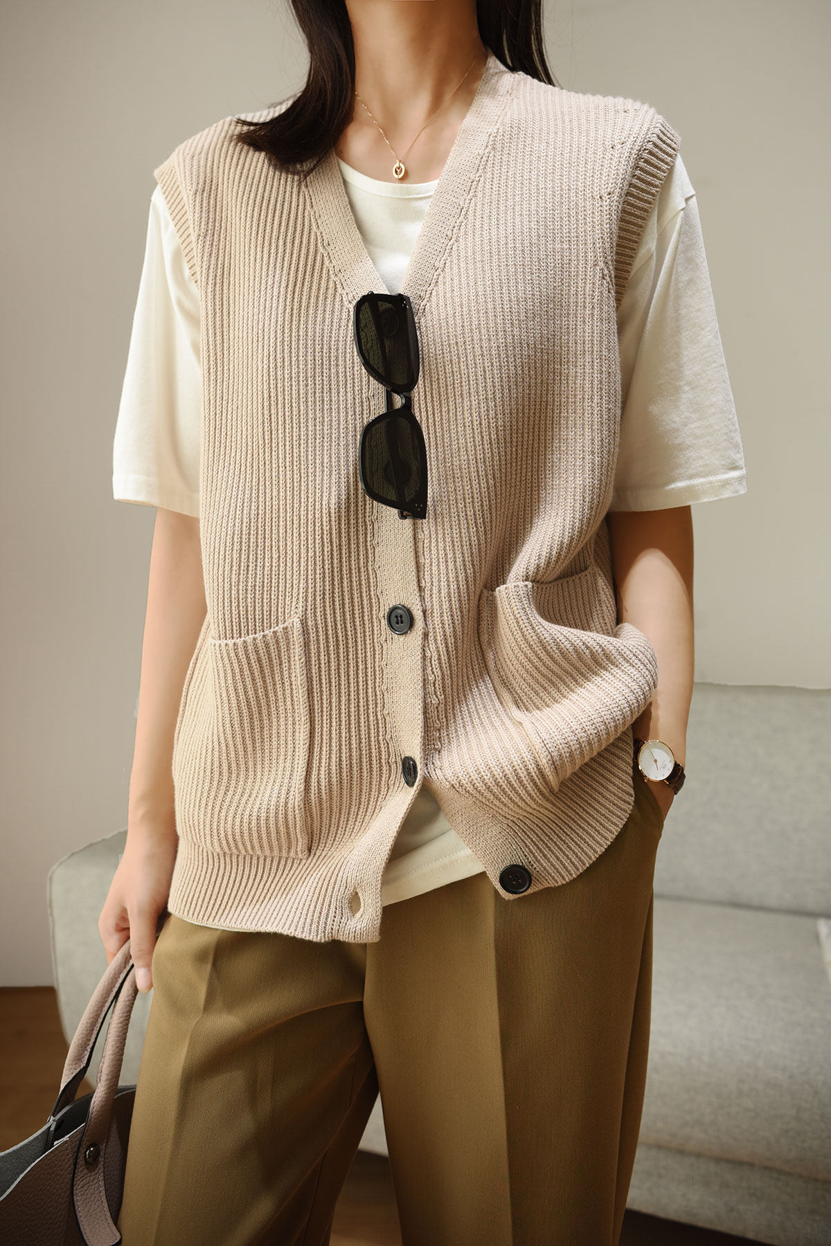 Женская жилетка 简约全棉针织马甲 女士全棉百搭v领开衫上衣 毛衣外套 马甲 秋款 OTHER