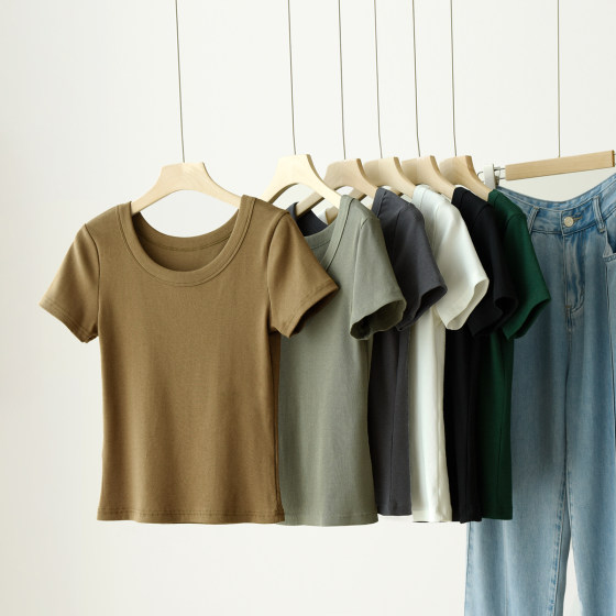 优可丝木纤维 薄款 女士螺纹修身T恤 大圆领短袖打底衫 山东网店