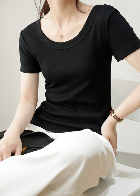 Eco silk wood fiber thin women's thread slim fit T-shirt large neck round short-sleeved bottoming shirt Shandong ຮ້ານອອນໄລນ໌