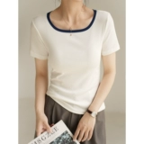 Тонкая приталенная летняя футболка, квадратный вырез, короткий рукав, городской стиль