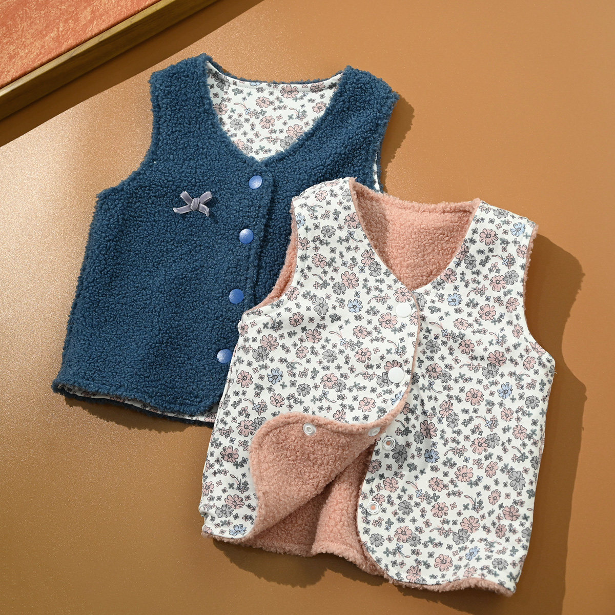 Reversible Children's Cotton Teddy Velvet Vest Girls' Floral Warm Vest Tops New Autumn and Winter Children's Clothing