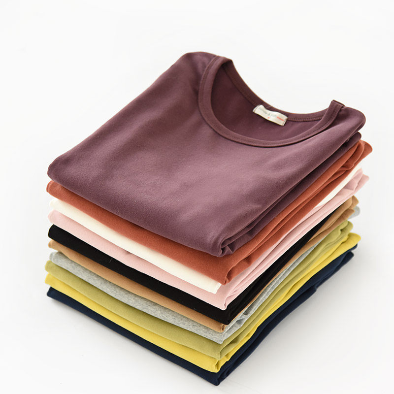 Women's cotton T-shirt base autumn coat top Thick base sweater Candy color round neck women's spring clothing
