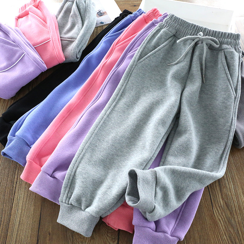 Integrated suede ~ girl deep autumn winter all cotton plus suede casual pants Children's baby foreign Thickened Warm Sports Thick Cotton Pants