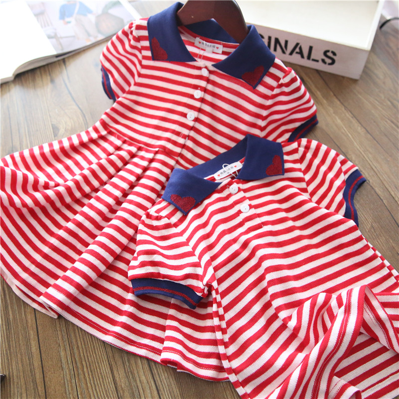 Sister outfit~Western style girls striped lapel POLO skirt dress children's cotton short-sleeved T-shirt summer
