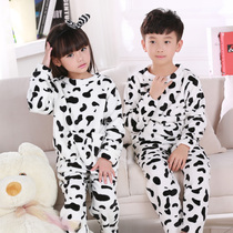 Childrens pajamas autumn and winter flannel boy baby cow home suit suit children Girl coral velvet pajamas