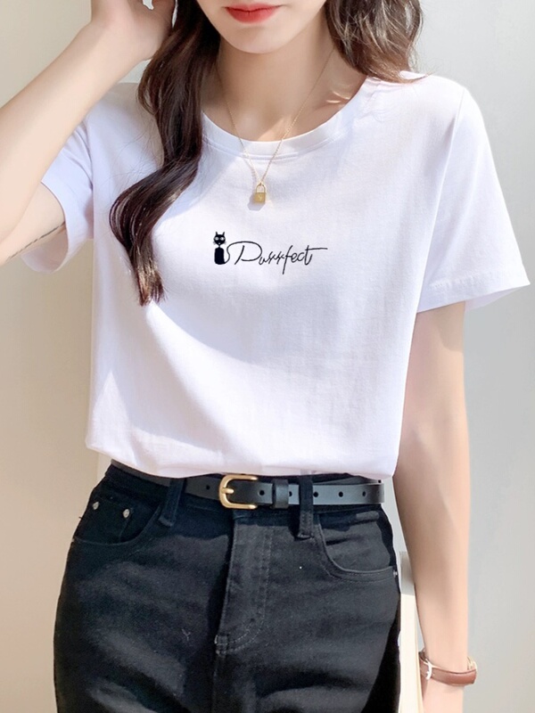 White Pure Cotton Short-Sleeve T-Shirt for Women, Summer 2026 New Style, Round Neck, Loose, Casual, Slimming Top ins Trendy
