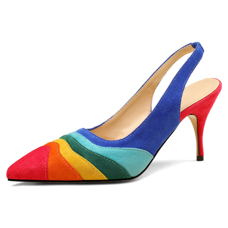 2025 Summer Pointed Toe Shallow Rainbow Color Block Stiletto Sandals French Style Runway Party Wedding Shoes