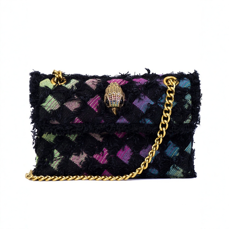New Eagle Head Black Denim Crossbody Bag with Gold Chain and Colorful Plaid Stitching, British Kurtgeiger