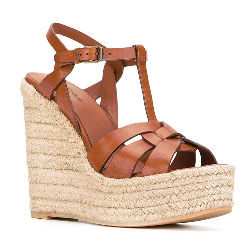 White, Brown, and Black Pu Hemp Rope Wedge Platform High-Heeled Sandals Cross-Border E-Commerce Supply