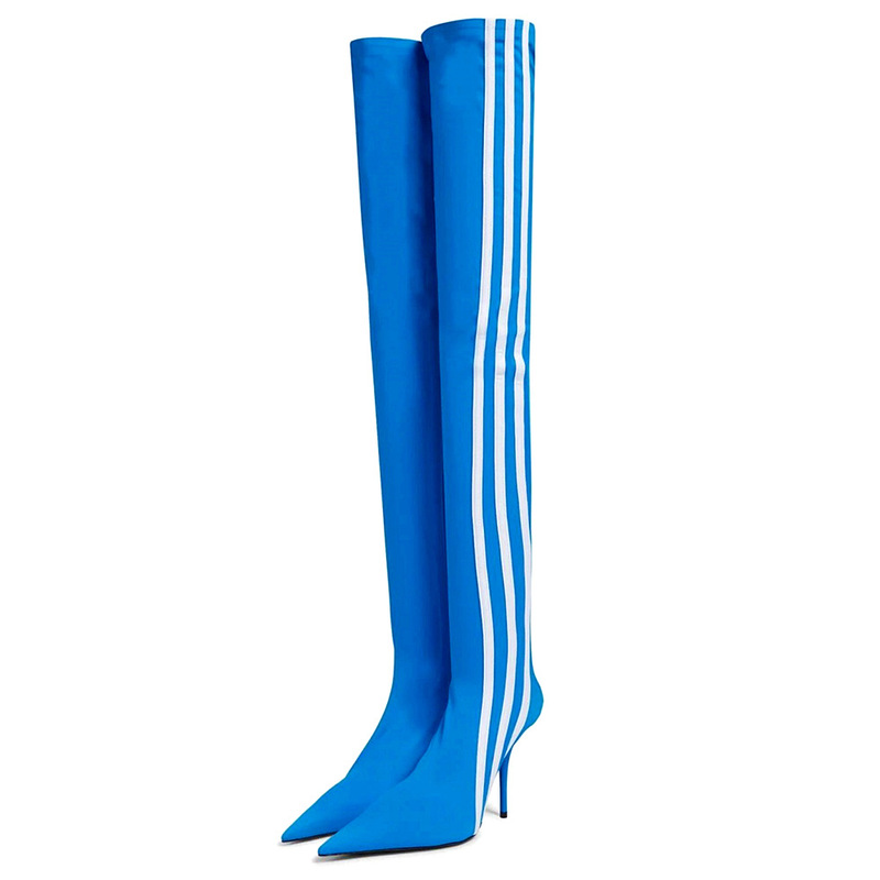 2025 Free Shipping Autumn and Winter High Heel Stretch Boots Fashion High Heel Pointed Toe Striped Women's Over-The-Knee Colorful Patchwork Boots
