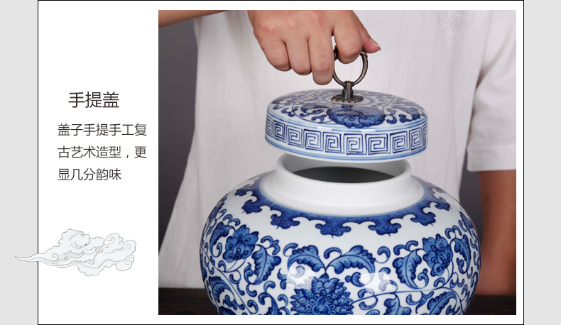 Jingdezhen ceramics pu 'er tea storage tank is blue and white porcelain lotus flower lohan pot home furnishing articles