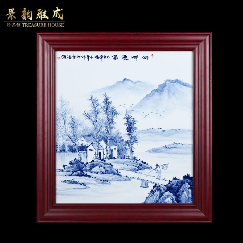 Blue and white porcelain of jingdezhen ceramics lake fish adornment porcelain plate painting home sitting room sofa background wall furnishing articles