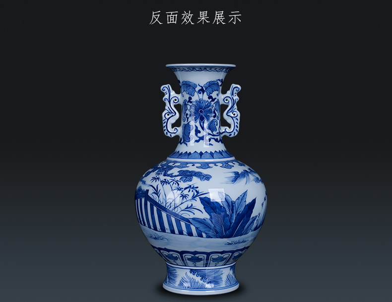 Jingdezhen ceramic tong qu ears statute of blue and white porcelain vase of new Chinese style household flower arrangement sitting room adornment is placed